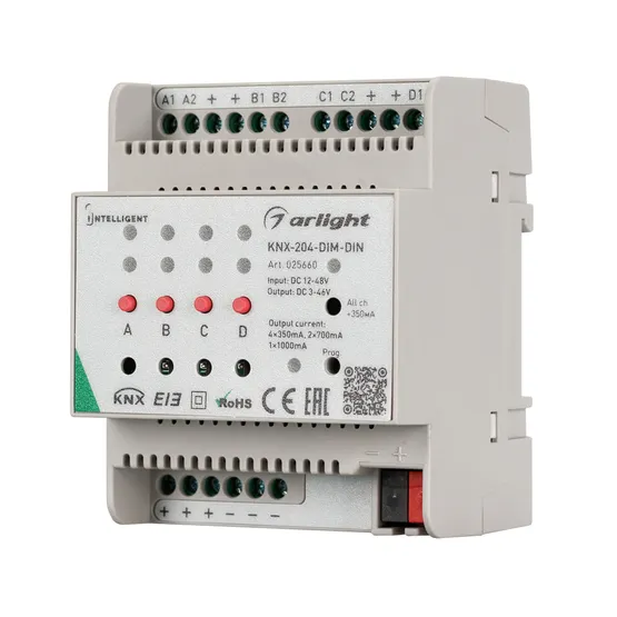 Фото #1 товара INTELLIGENT ARLIGHT Диммер KNX-204-DIM-DIN (12-48V, 8x0.35/4x0.7/2x1A) (IARL, IP20 Пластик, 2 года)