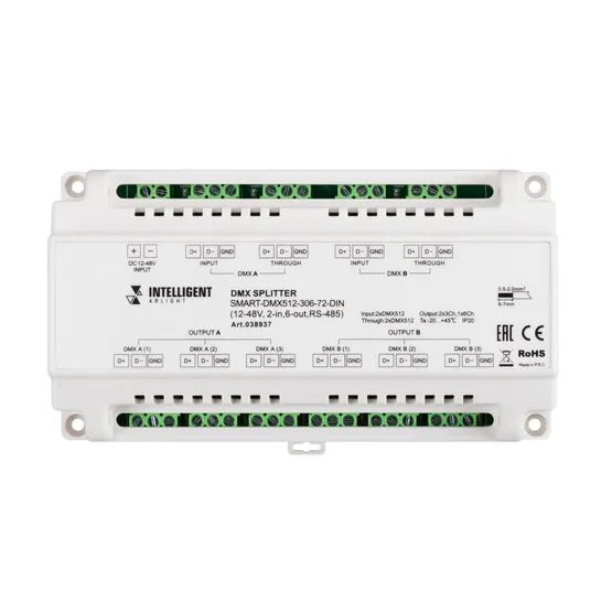 Фото #3 товара INTELLIGENT ARLIGHT Сплиттер SMART-DMX512-306-72-DIN (12-48V, 2-in, 6-out, RS-485) (IARL, IP20 Металл, 5 лет)